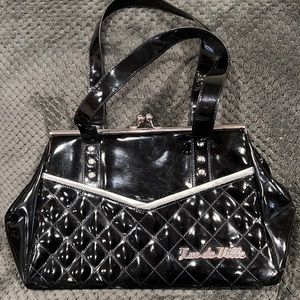 Lux De Ville Femme Fatal Kiss Lock Shoulder Bag, black vinyl clasp handbag